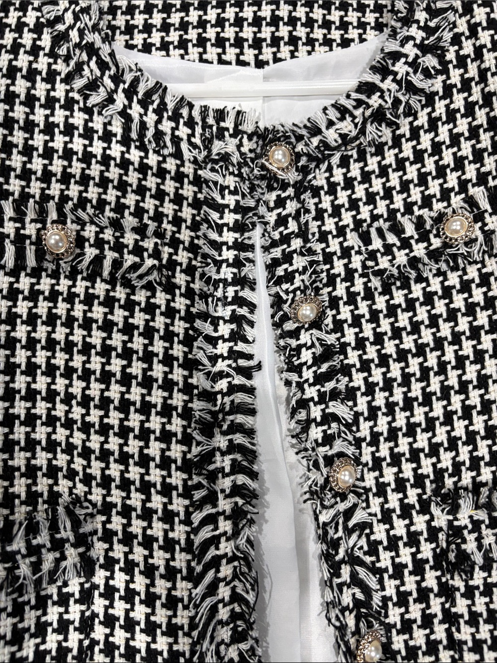 Black & White Houndstooth Fringe Cropped Blazer Jacket - Picture 7 of 8